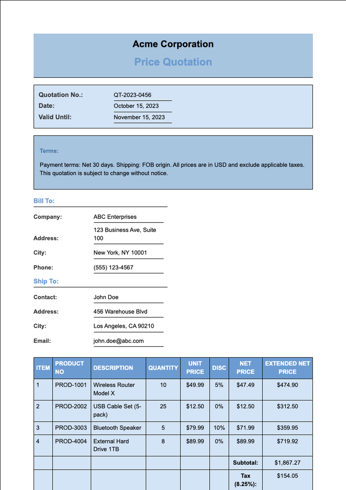 Blue sales quote template with itemized pricing and terms section_variant_3